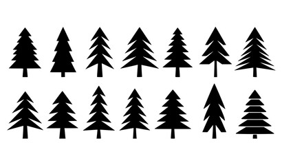 Obraz premium Modern Geometric Pine Tree Silhouettes Collection with Minimal Evergreen Forest Vector Shapes