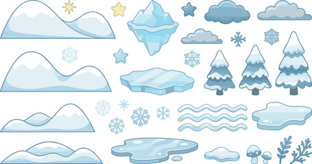 Winter Landscape Elements Vector Set with Snow Hills, Icebergs, Trees, Clouds and Frozen Shapes © Aktarul