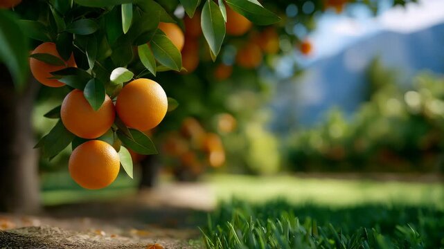 Rows of vibrant orange trees in a lush orchard, sunlight filtering through green leaves, showcasing fresh citrus growth, agricultural abundance, and peaceful countryside farming scenery.