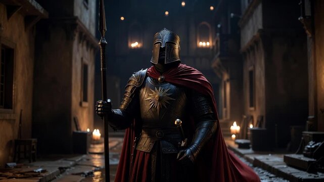 Armored knight holding spear in dim medieval alley, realistic style on moody night background, concept of courage and vigilance