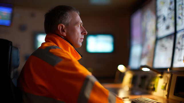 Man in protective workwear monitors complex systems at a control center, focus and dedication evident, dark industrial lighting highlights screens