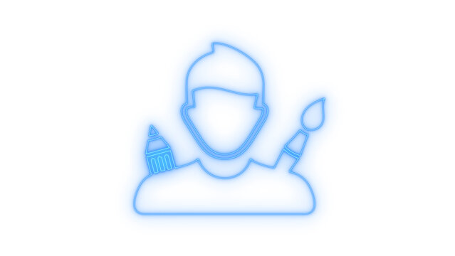 Blue neon glowing outline icon of a creative artist or graphic designer, depicted with a pencil and paintbrush, symbolizing art, design, and digital talent, isolated on transparent background.