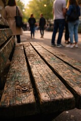 Fototapeta premium Weathered wooden bench showing peeling paint and textured surface, providing a place for rest in a busy urban park with blurred pedestrians walking in the background