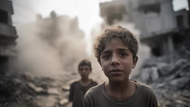 Young boy in a Middle Eastern warzone city, sad expression amid damaged surroundings, capturing emotional impact, hardship, and the human side of conflict.