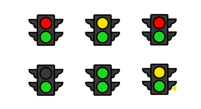 Traffic lights in various positions.