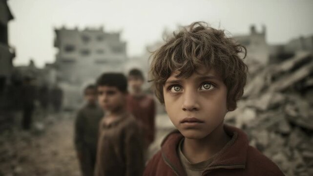 Young boy in a Middle Eastern warzone city, sad expression amid damaged surroundings, capturing emotional impact, hardship, and the human side of conflict.