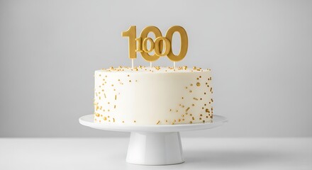 An elegant white centennial cake featuring metallic gold 100 toppers and matching side numbers on a modern cake stand.