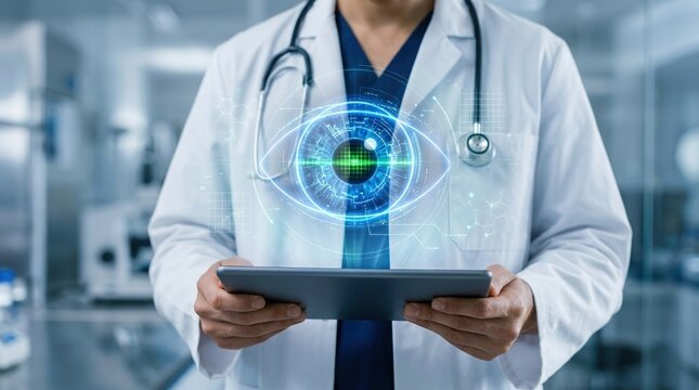 Ophthalmology, Biometrics, Medical Technology, Digital Health, Eye Scanning, Future Medicine, Precision Healthcare concept with doctor holding tablet with digital iris interface.