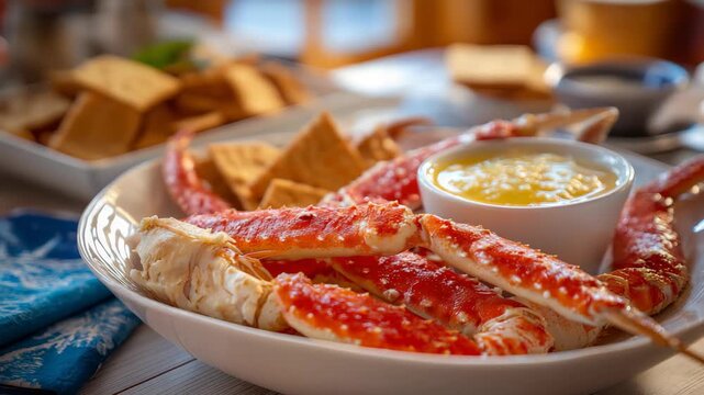 Close-up of cracked snow crab legs served with melted dipping butter, showcasing tender meat, rich flavor, and an indulgent seafood dining experience.
