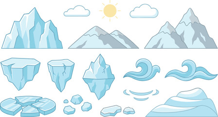Ice and Snow Landscape Vector Set with Mountains, Icebergs, Waves and Winter Nature Elements © Aktarul