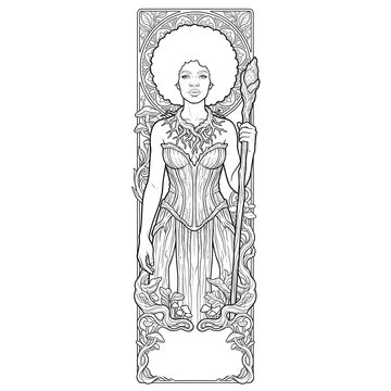 Black forest goddess with staff and mushrooms line art illustration