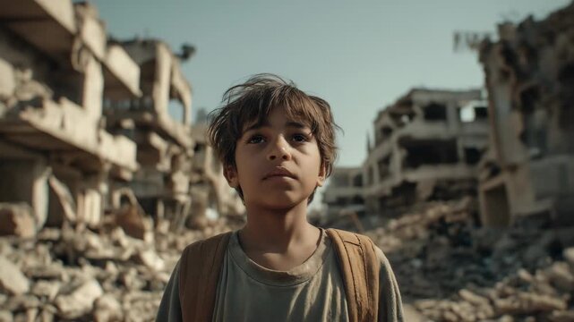 Young boy in a Middle Eastern warzone city, sad expression amid damaged surroundings, capturing emotional impact, hardship, and the human side of conflict.