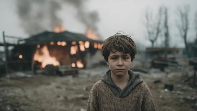 Young boy in a Middle Eastern warzone city, sad expression amid damaged surroundings, capturing emotional impact, hardship, and the human side of conflict.