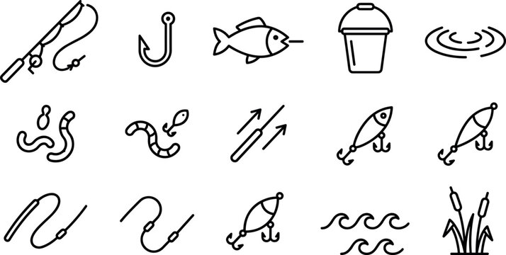 Fishing Line Icons Set with Hooks, Worms, Lures, Float and Water Wave Symbols