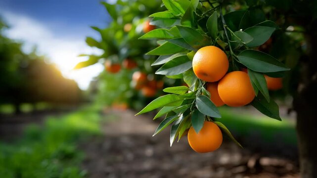 Rows of vibrant orange trees in a lush orchard, sunlight filtering through green leaves, showcasing fresh citrus growth, agricultural abundance, and peaceful countryside farming scenery.
