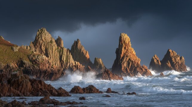 Majestic Rocky Coastline with Dramatic Clouds and Waves under an Ominous Sky at Dusk