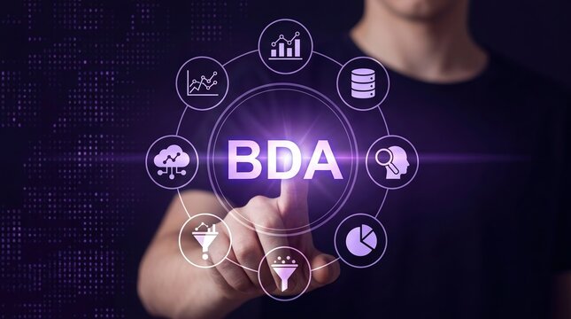 BDA, Big Data Analytics, Data analysis, Business intelligence, Information technology, Digital transformation, Data visualization concept showing a person interacting with digital icons.