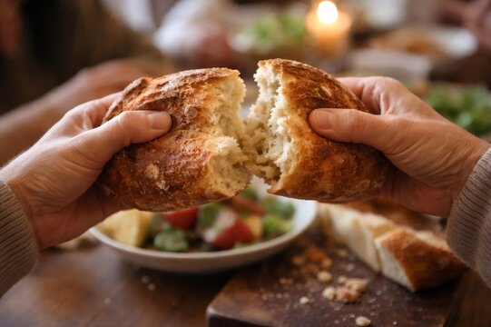 Human hands pulling apart a warm rustic loaf of crusty homemade bread at a shared table, evoking family, community, tradition, comfort, and the act of breaking bread together