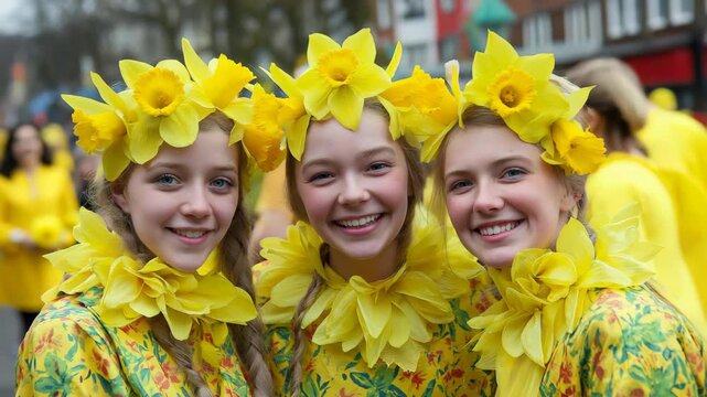three girl smile , People celebrating Saint David&rsquo;s Day on a lively city street, wearing fancy costumes and daffodil flower crowns, smiling and enjoying a vibrant cultural festival atmosphere.