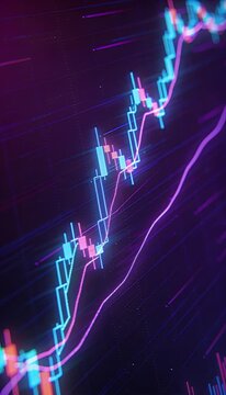 Financial chart with glowing candlestick and line graph showing market trend and analysis in futuristic digital style featuring vibrant blue and pink colors on dark background for insightful growth