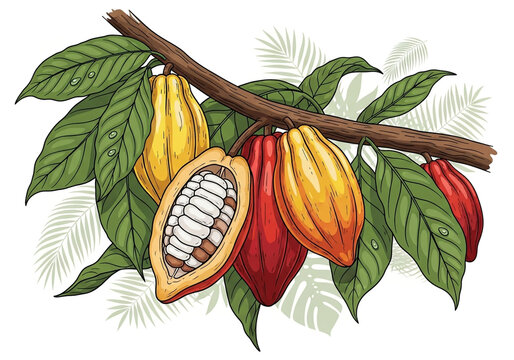 Fresh Cocoa Pods on Branch with Leaves, Half Cut Revealing Beans - Ingredient for Chocolate, Raw Food, Tropical Fruit