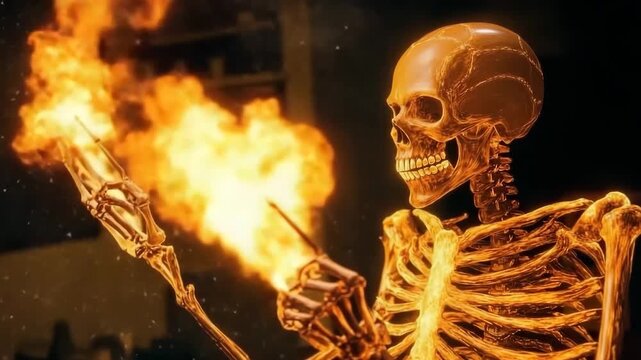 Skeleton creating fiery artwork in a dark studio setting