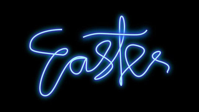 A glowing neon sign with the Easter typography illuminated in vibrant color against a black night motion graphic