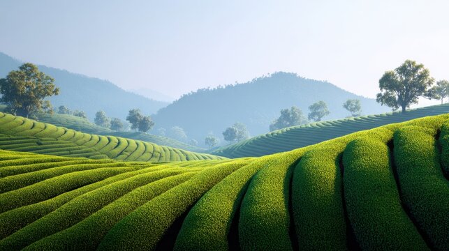 Serene Green Tea Fields with Rolling Hills Under Soft Morning Light in a Lush Landscape