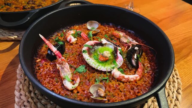 Seafood paella, top view, served on a wooden table. The dish features shrimp, mussels, and squid over golden saffron rice rich with spices. Spanish culinary tradition and Mediterranean serving style
