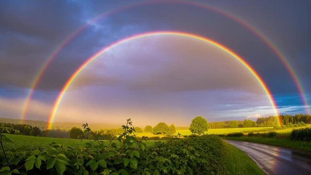 double rainbow over green landscape with road