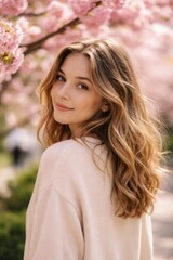 Fototapeta premium Young woman turning and smiling gently at the viewer, her long wavy hair flowing over a light sweater, surrounded by delicate pink cherry blossoms during springtime