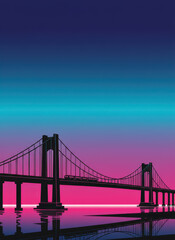 Obraz premium Minimalist Vector Illustration of a Suspension Bridge Silhouette with Train at Sunset, Retro Synthwave Style Background with Pink and Blue Gradient Sky and Water Reflection