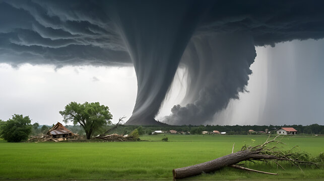 Tornado sweeping through a rural landscape uprooting trees and destroying buildings extreme weather