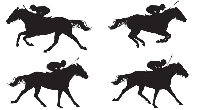 Horses and jockeys in silhouette, captured mid-gallop with dynamic poses and flowing manes, perfect for sporting themes.
