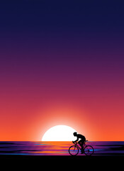 Fototapeta premium Minimalist Silhouette Illustration of a Cyclist Riding a Road Bike at Sunset Over the Ocean, Vibrant Purple and Orange Gradient Sky Background with Copy Space