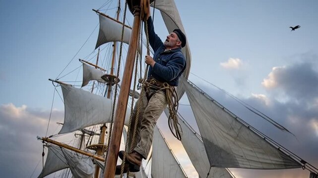 Sailor climbing mast of a sailing ship with white sails