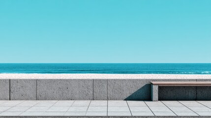 Fototapeta premium Tranquil Seaside View with Clear Sky and Serene Bench on Waterfront Promenade for Relaxation and Reflection