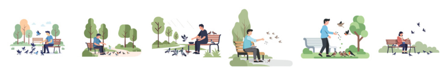 Simple flat illustration of someone feeding birds in a small garden park, serene daily moment, white background © Haris Lost