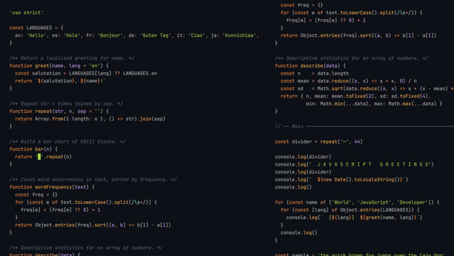 Modern Programmer Coding Screen with Hello World Program with Modern Programming Language Syntax Highlighting in Digital Code Editor Environment. Vector Illustration.