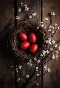A orthodox easter nest with red easter eggs and blossoming branches on rustic surface