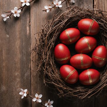 A orthodox easter nest with red easter eggs and blossoming branches on rustic surface