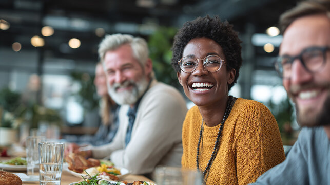 happy workmates enjoying lunch together in bright modern office cafeteria while laughing and sharing stories showcasing workplace diversity team bonding and business culture
