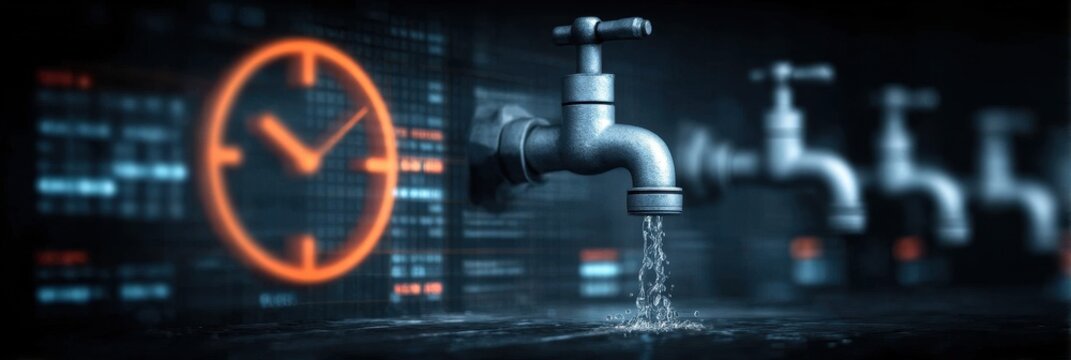 Beside a leaky tap the calendar reveals an urgent date for due procurement and a long list of payable debts.