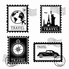 Obraz premium Travel dreams captured in stamps featuring planes, passports, and scenic journeys