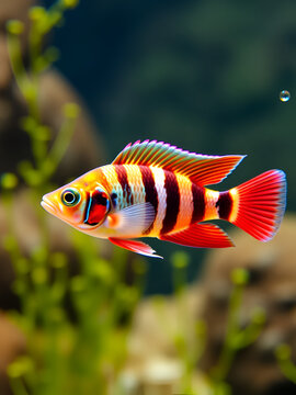 Vivid rainbow barb swimming underwater fish zebra danio