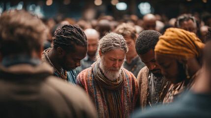 Obraz premium people from different cultural backgrounds praying together in church conference setting highlighting diversity inclusivity christian fellowship and shared spiritual devotion