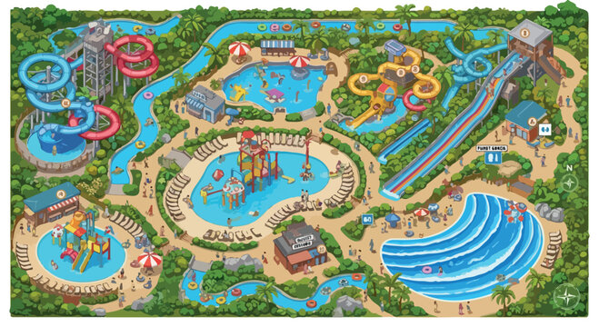 Detailed isometric vector illustration of a vibrant water park with multiple slides, pools, lazy rivers, and various attractions, perfect for summer entertainment and vacation concepts. isolated