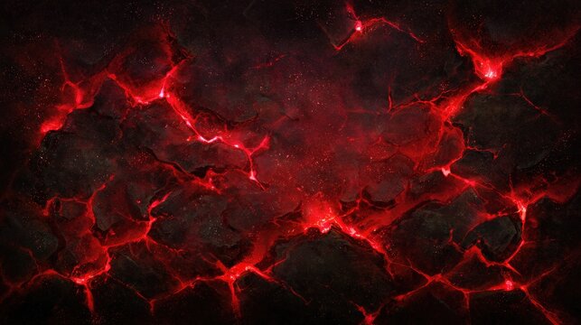 Crimson volcanic lava cracks glowing across dark basaltic surface