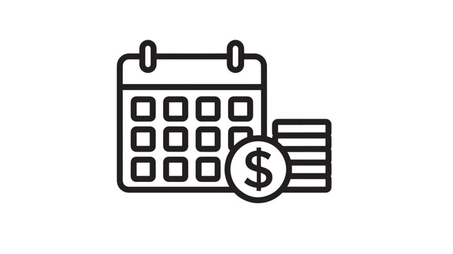Calendar icon with a stack of coins featuring a dollar sign, representing financial planning and budgeting in simple line art.