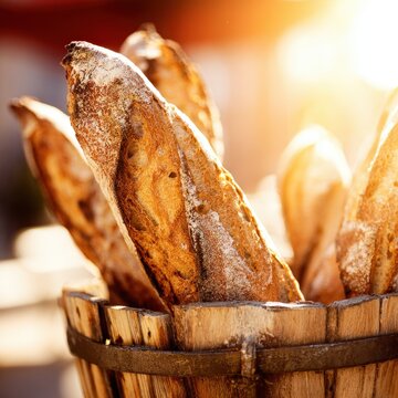 Golden Morning Baguettes Resting in a Rustic Wooden Basket